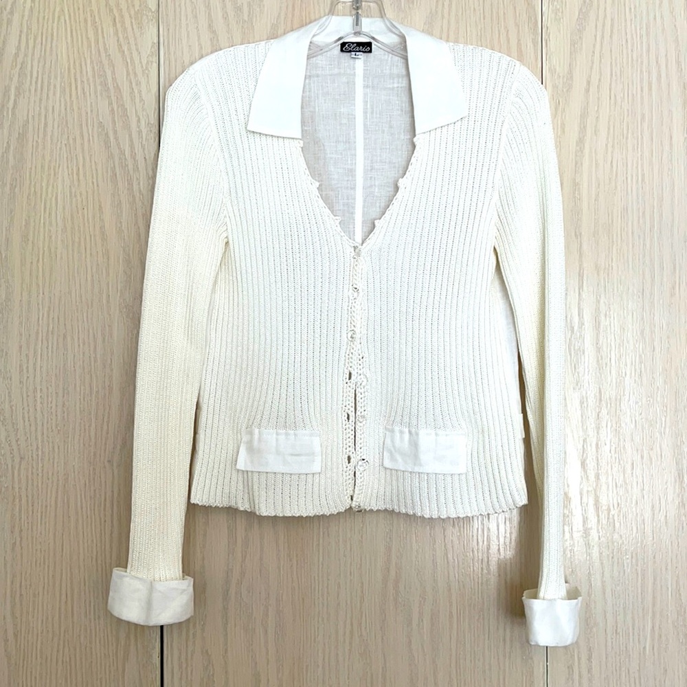 Cream knit and linen sweater jacket